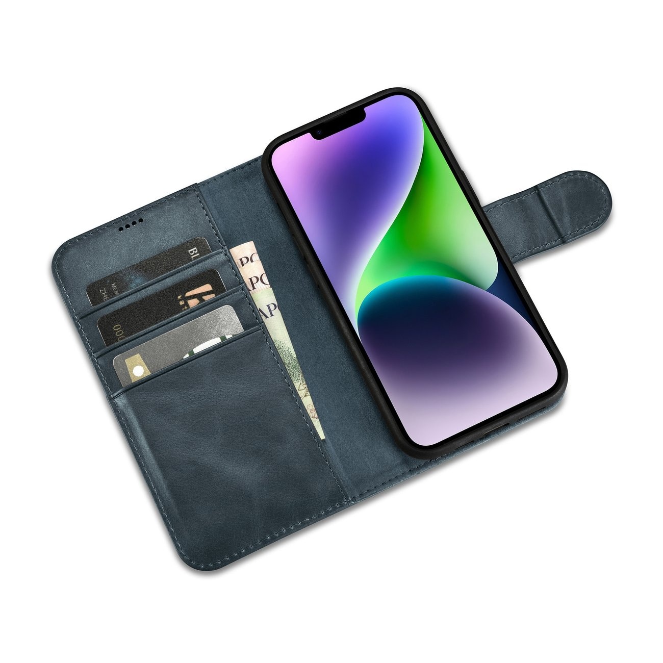 iCarer 2in1 Oil Wax Wallet Case for iPhone 14 Plus, Anti-RFID Leather Flip, Blue (WMI14220723-BU)