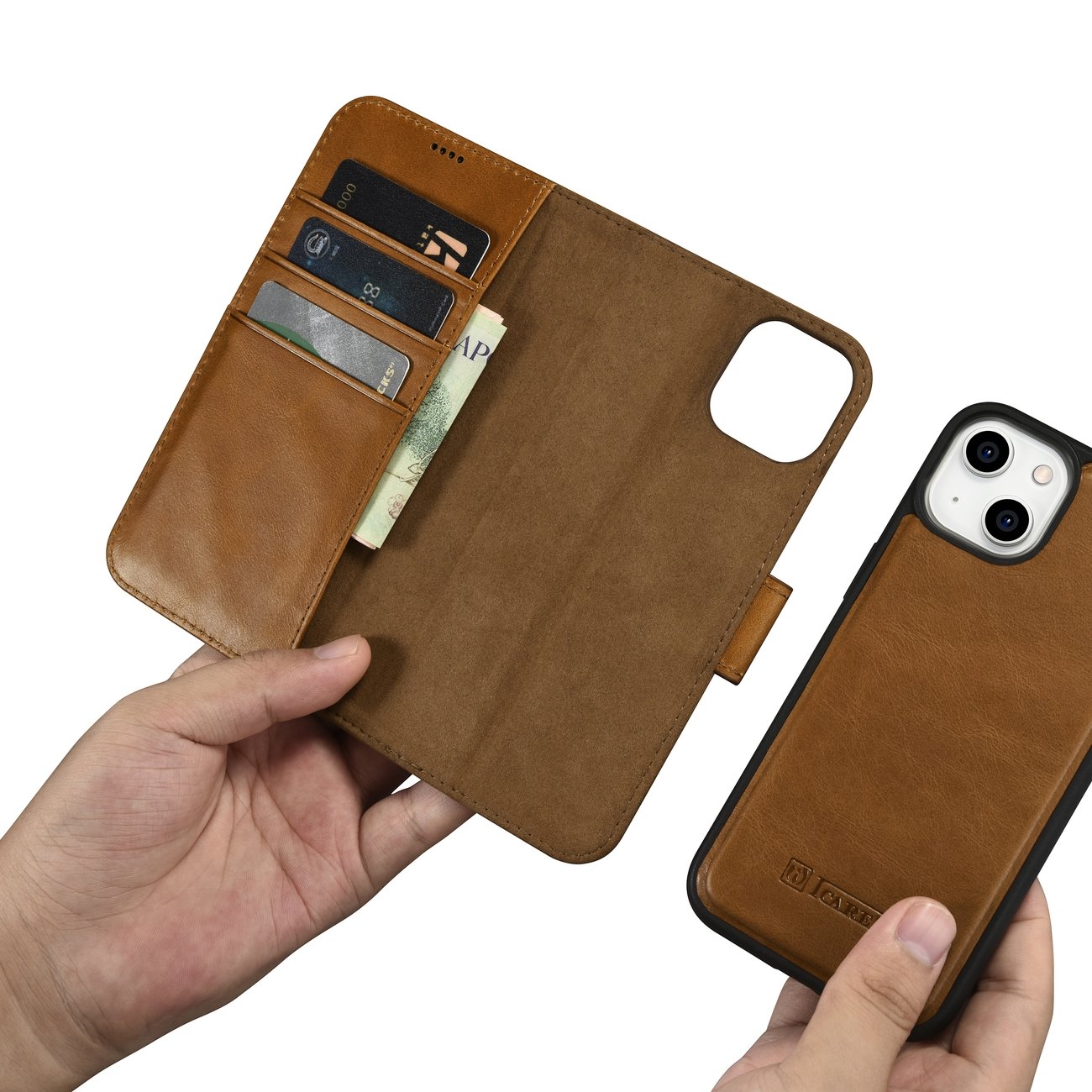 iCarer 2in1 Leather Wallet Case for iPhone 14 Plus - Anti-RFID Flip Cover, Brown (WMI14220723-TN)