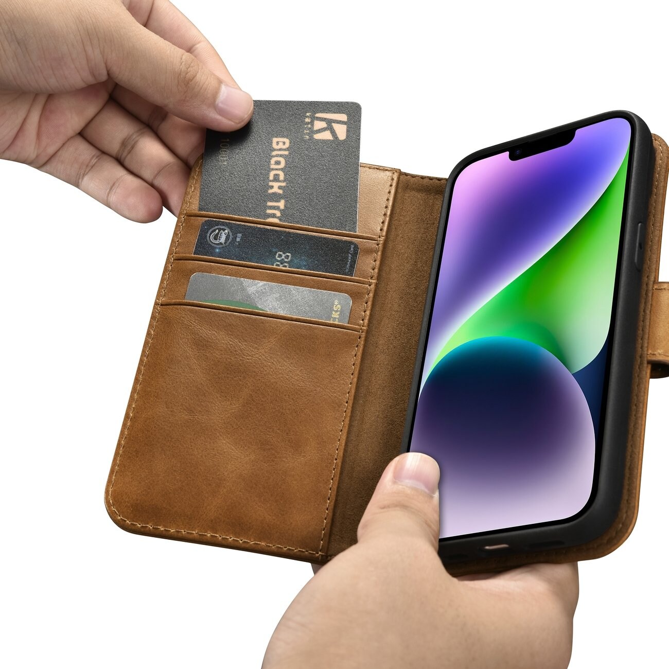iCarer 2in1 Leather Wallet Case for iPhone 14 Plus - Anti-RFID Flip Cover, Brown (WMI14220723-TN)
