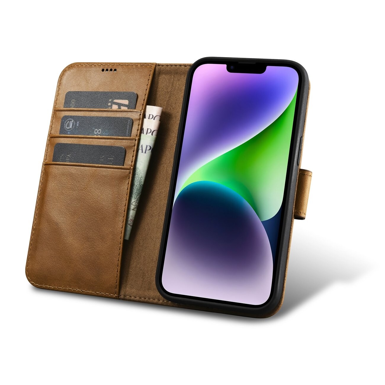 iCarer 2in1 Leather Wallet Case for iPhone 14 Plus - Anti-RFID Flip Cover, Brown (WMI14220723-TN)