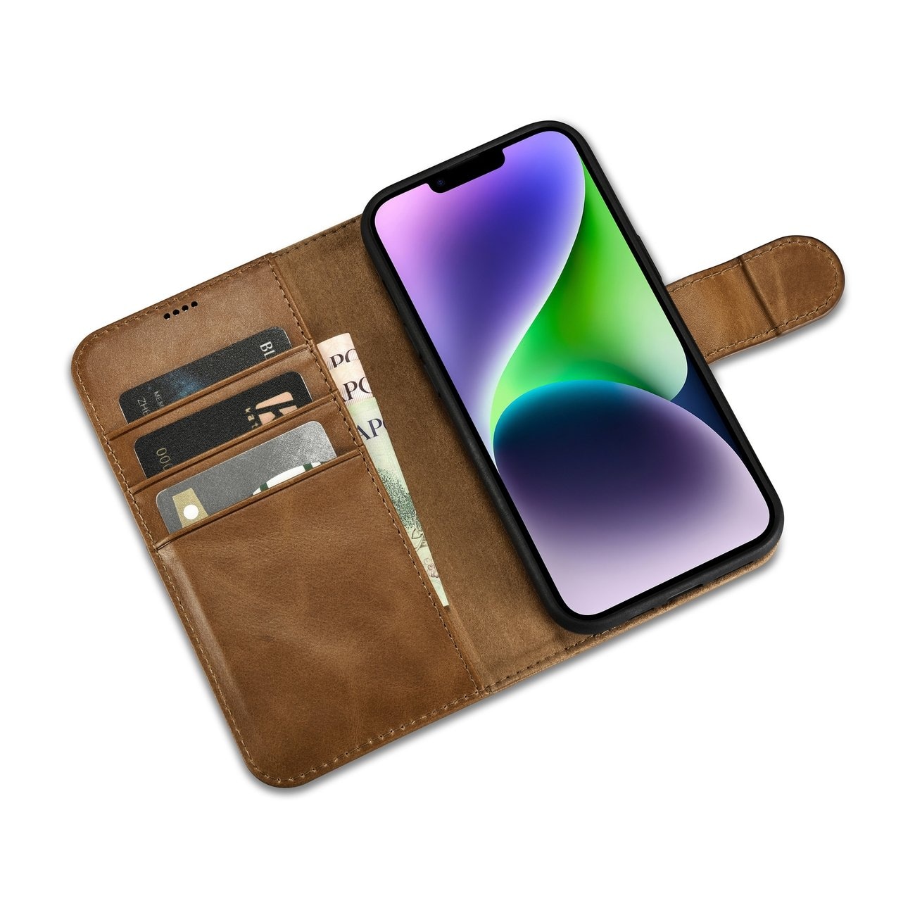 iCarer 2in1 Leather Wallet Case for iPhone 14 Plus - Anti-RFID Flip Cover, Brown (WMI14220723-TN)