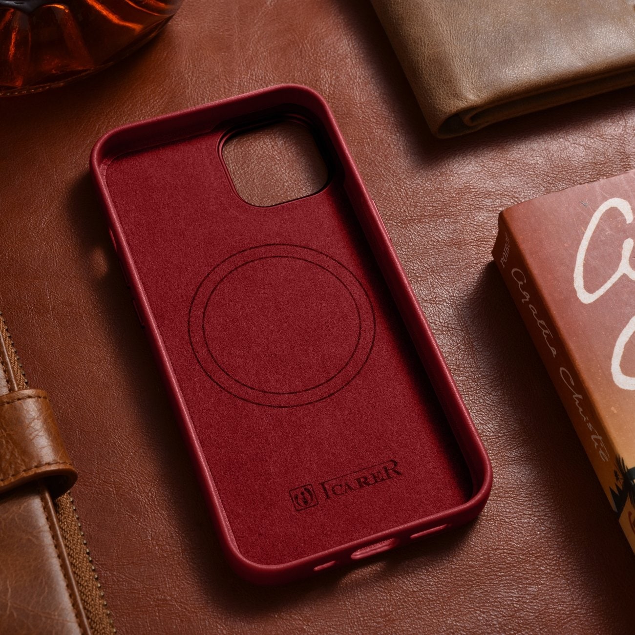 iCarer Case Skinnveske i naturskinn til iPhone 14 Plus rød (kompatibel med MagSafe)