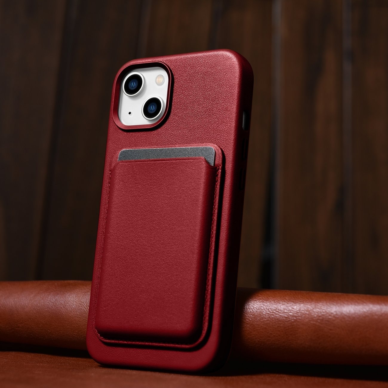 iCarer Case Skinnveske i naturskinn til iPhone 14 Plus rød (kompatibel med MagSafe)