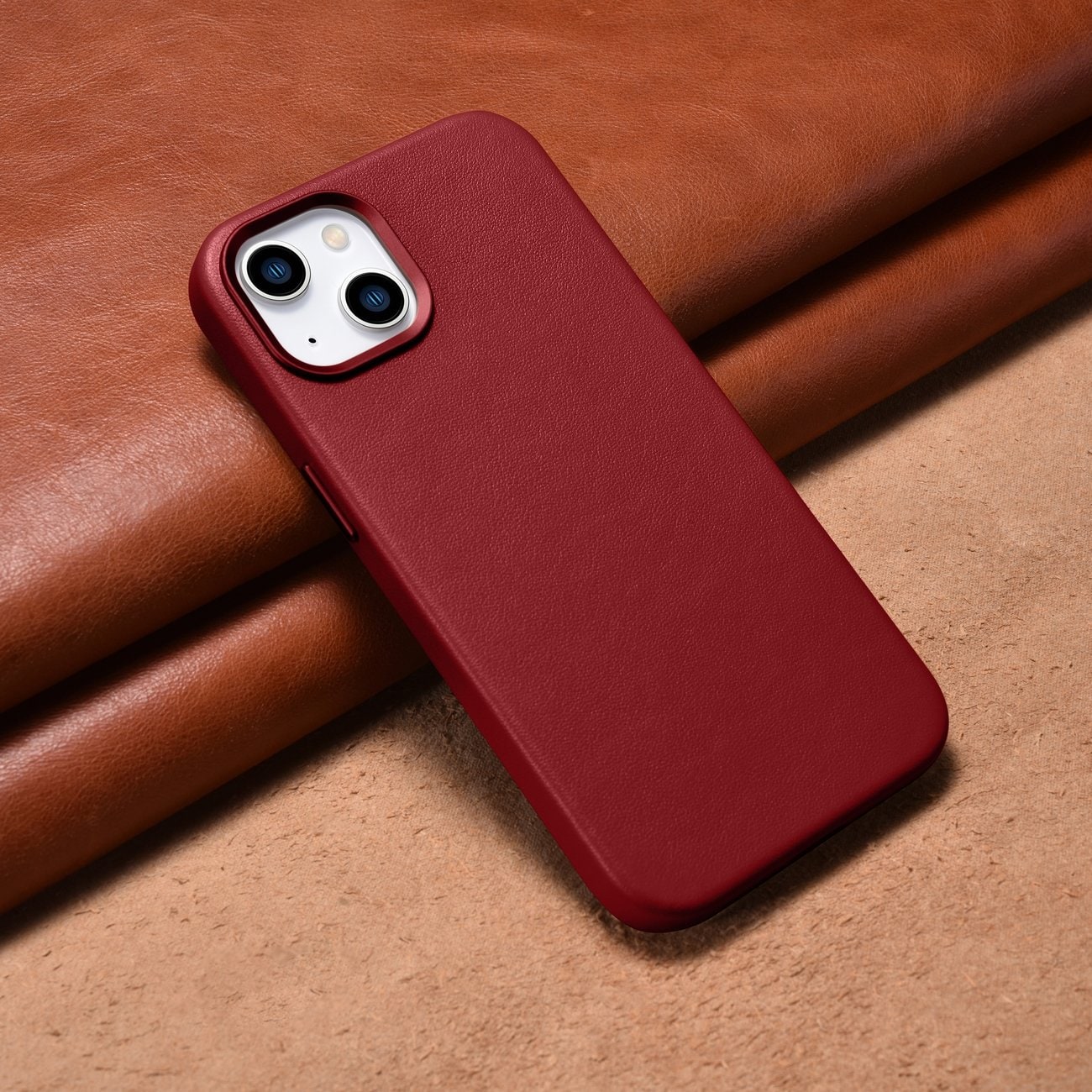 iCarer Case Skinnveske i naturskinn til iPhone 14 Plus rød (kompatibel med MagSafe)