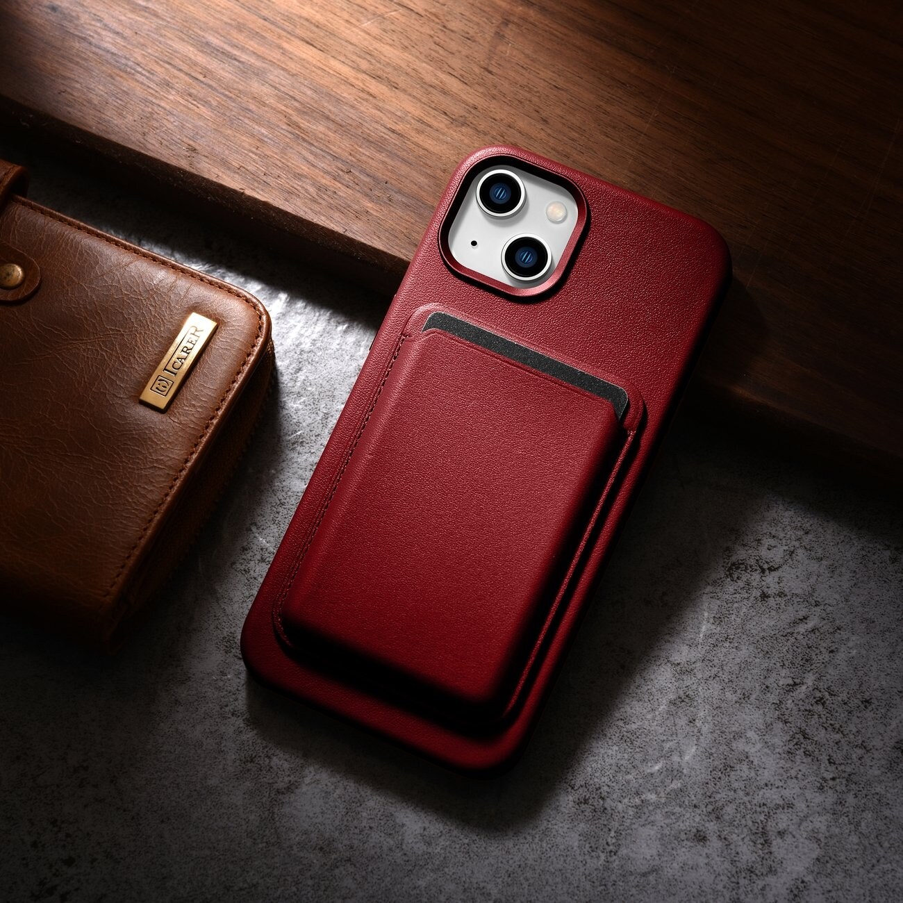 iCarer Case Skinnveske i naturskinn til iPhone 14 Plus rød (kompatibel med MagSafe)