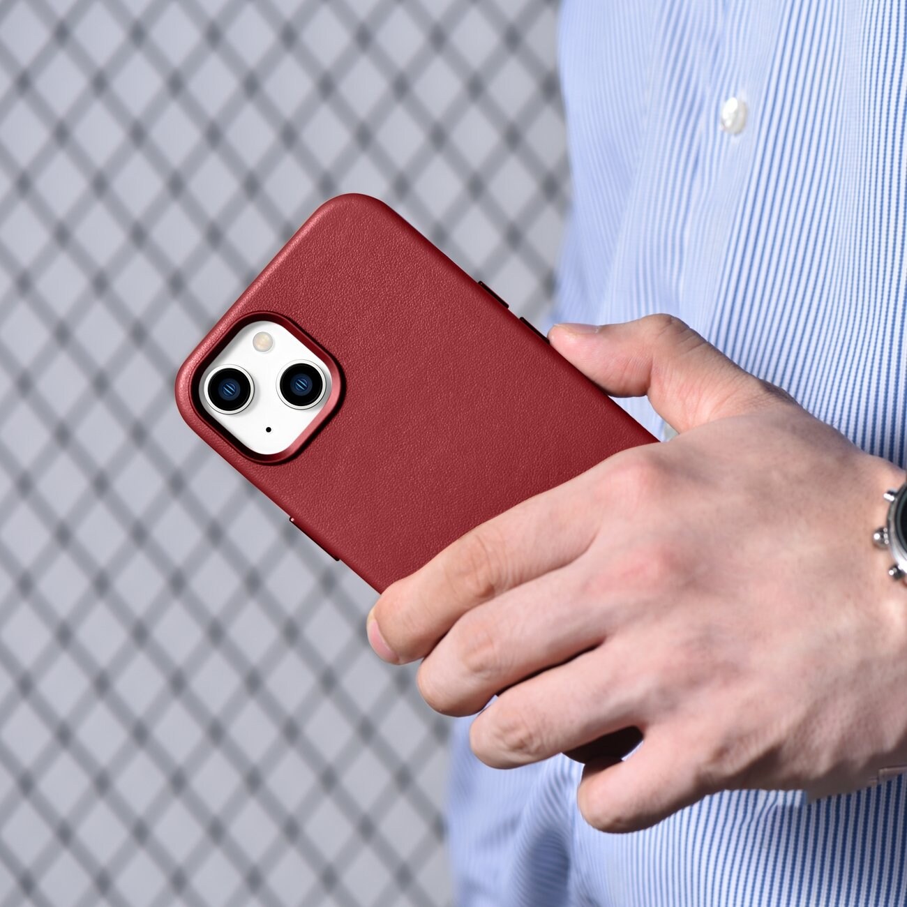 iCarer Case Skinnveske i naturskinn til iPhone 14 Plus rød (kompatibel med MagSafe)