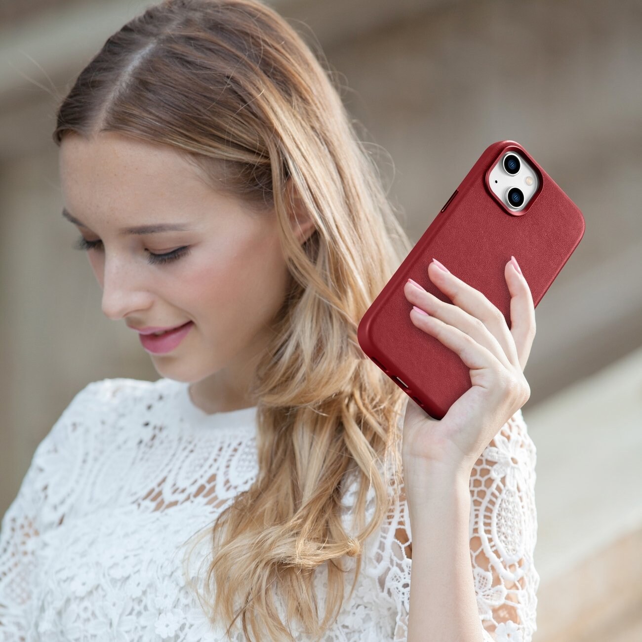 iCarer Case Skinnveske i naturskinn til iPhone 14 Plus rød (kompatibel med MagSafe)
