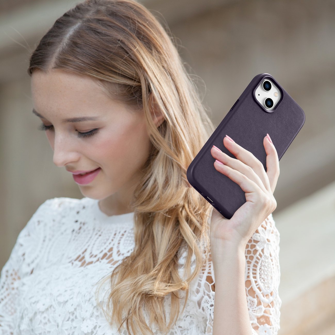 iCarer Case Leather Cover-etui for iPhone 14 Plus mørk lilla (MagSafe-kompatibel)