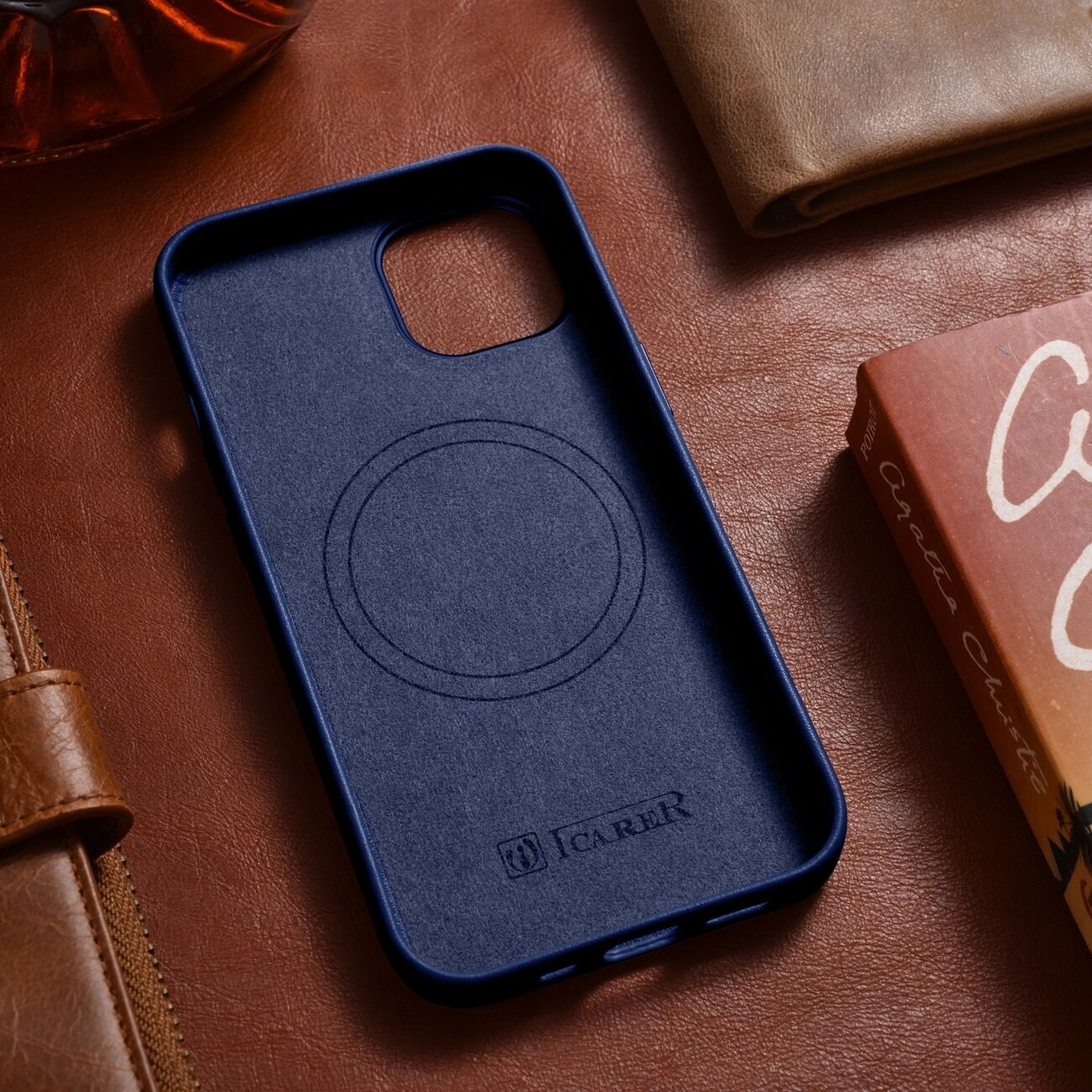 iCarer Case Leather cover for iPhone 14 Plus ekte lærveske blå (kompatibel med MagSafe)