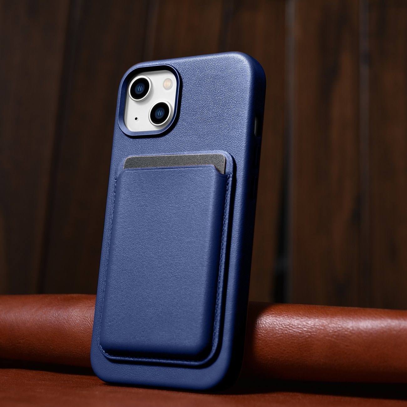 iCarer Case Leather cover for iPhone 14 Plus ekte lærveske blå (kompatibel med MagSafe)