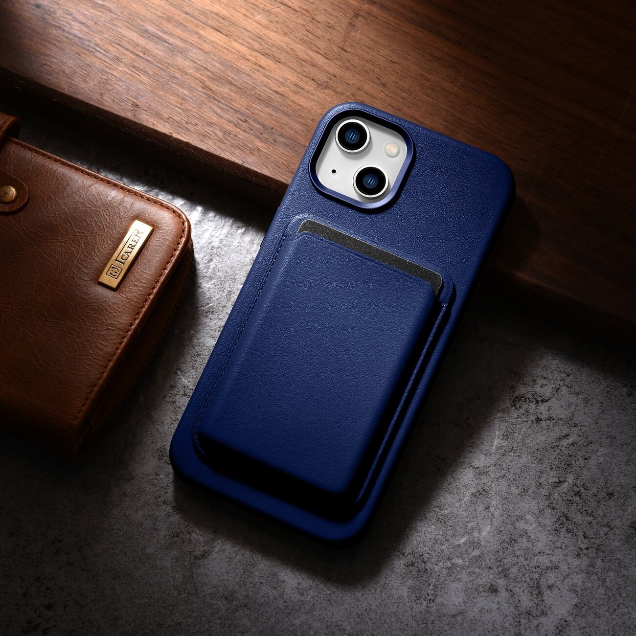 iCarer Case Leather cover for iPhone 14 Plus ekte lærveske blå (kompatibel med MagSafe)