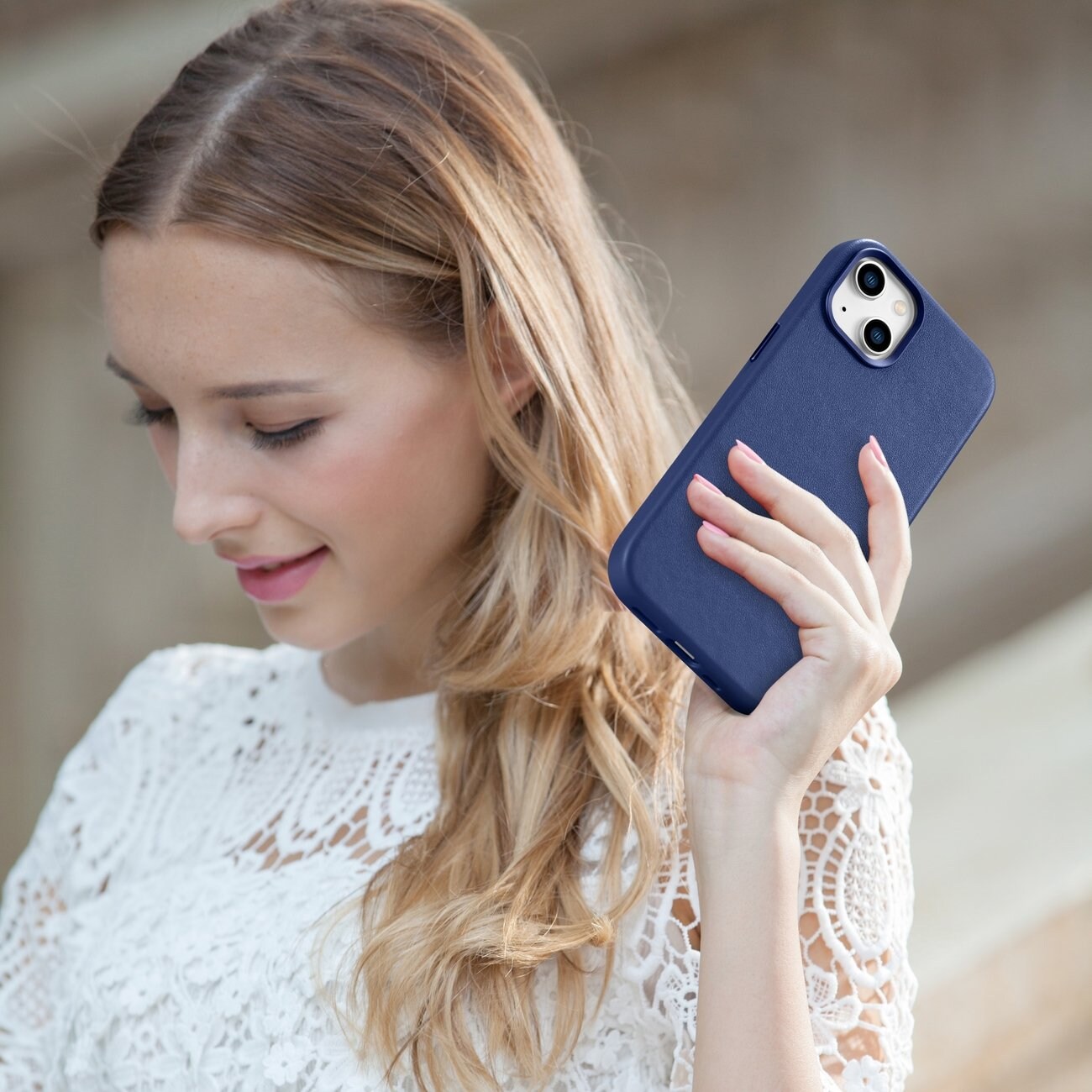 iCarer Case Leather cover for iPhone 14 Plus ekte lærveske blå (kompatibel med MagSafe)