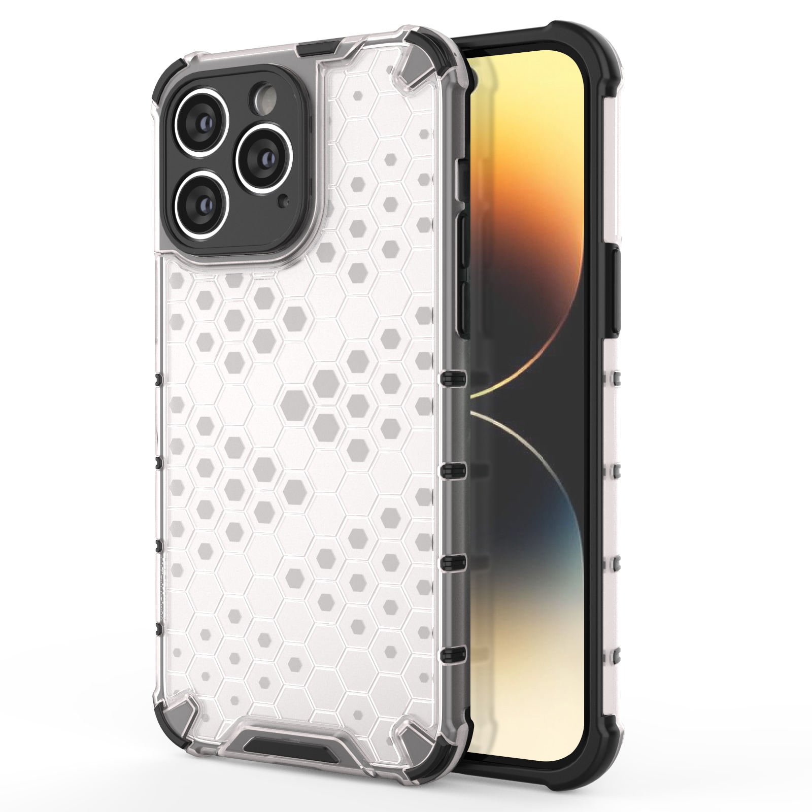 Honeycomb-etui for iPhone 14 Pro pansret hybriddeksel gjennomsiktig