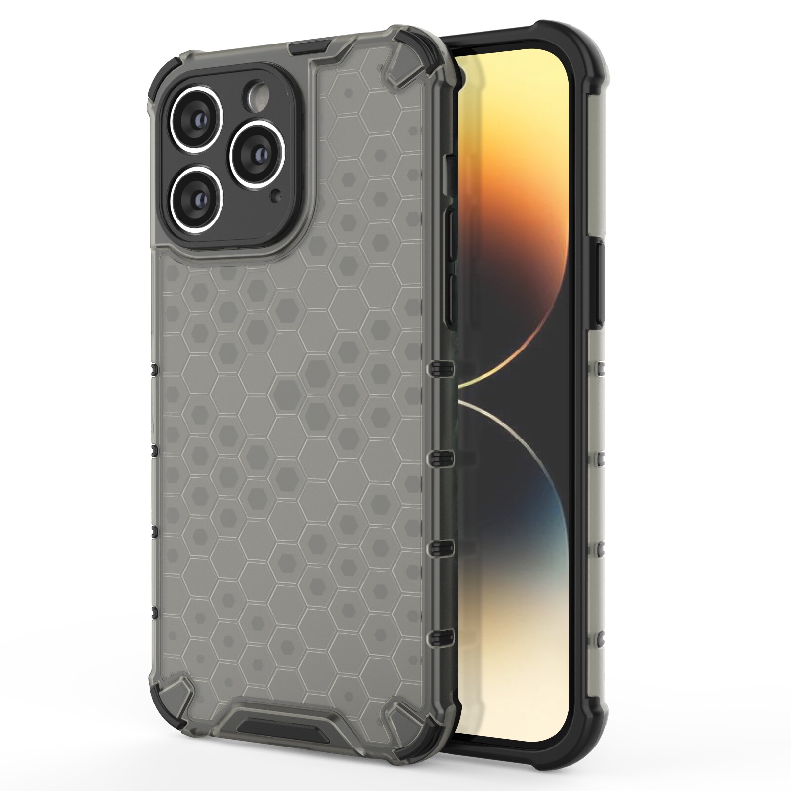 Honeycomb-etui for iPhone 14 Pro Max pansret hybriddeksel svart