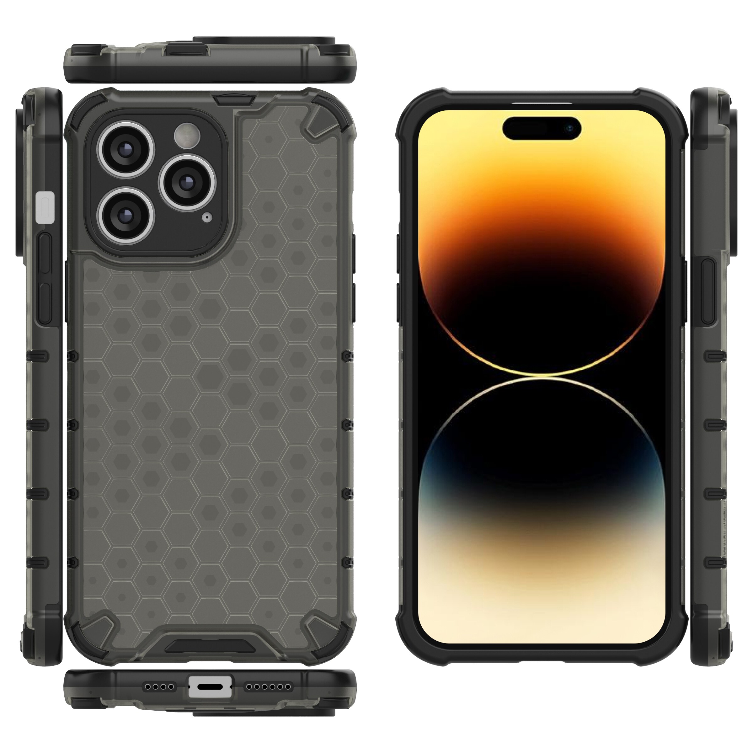 Honeycomb-etui for iPhone 14 Pro Max pansret hybriddeksel svart