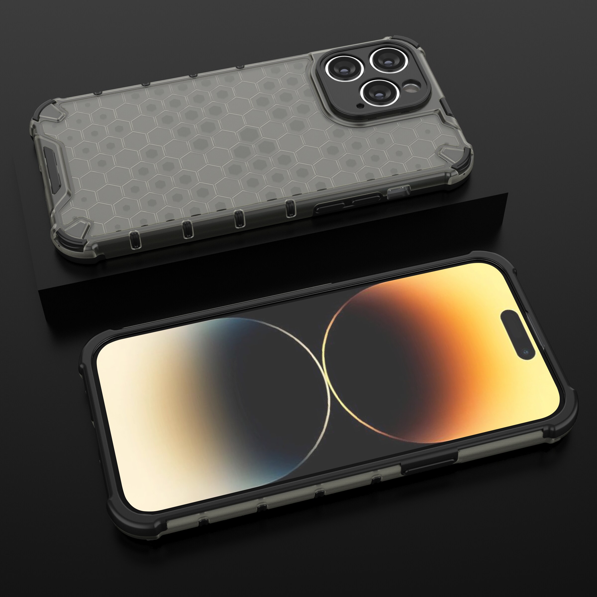Honeycomb-etui for iPhone 14 Pro Max pansret hybriddeksel svart