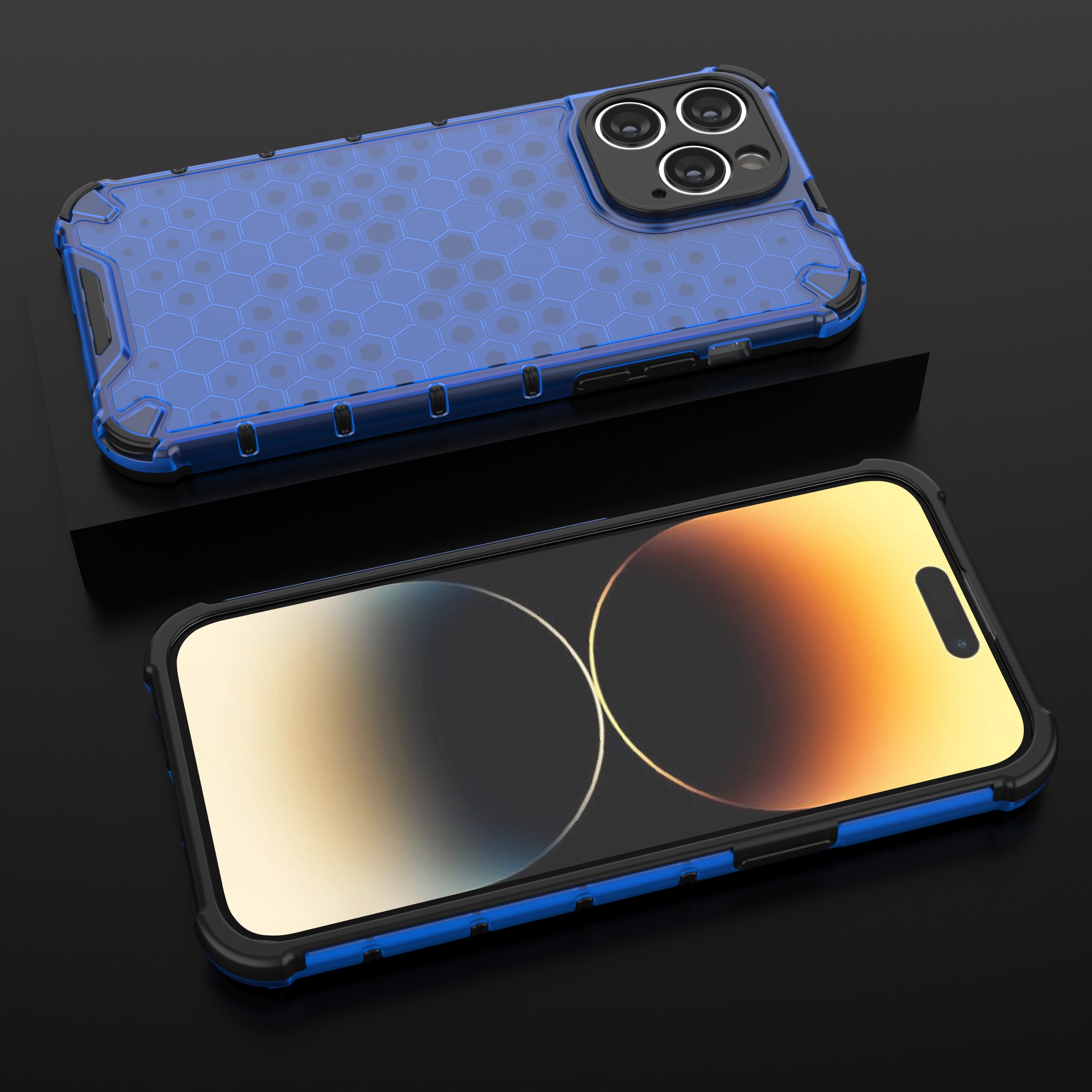 Honeycomb-etui for iPhone 14 Pro Max pansret hybriddeksel blå