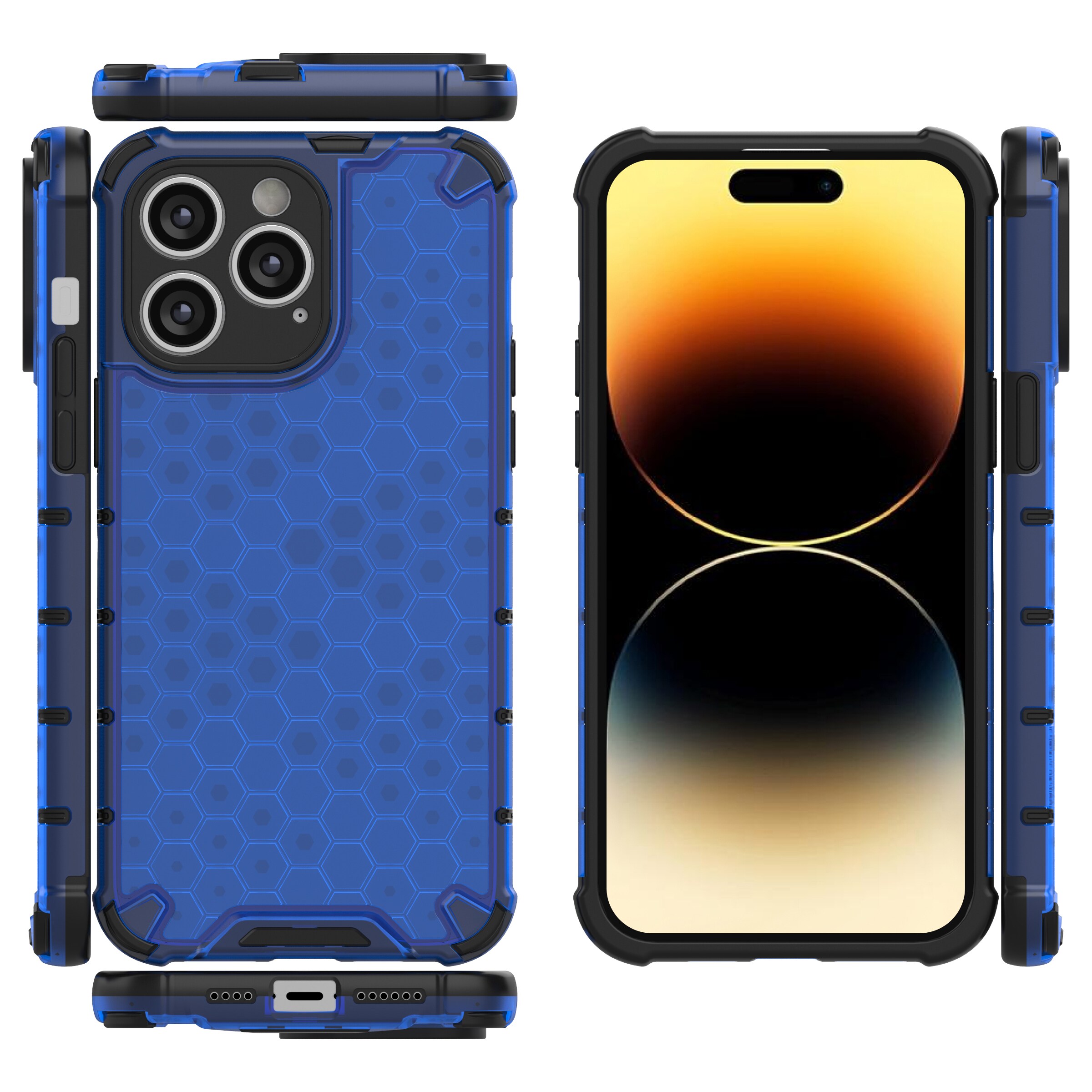 Honeycomb-etui for iPhone 14 Pro Max pansret hybriddeksel blå