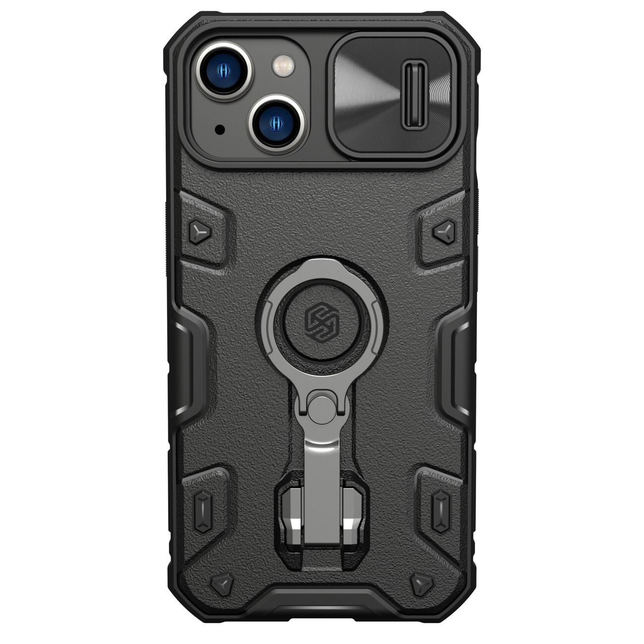 Nillkin CamShield Armor Pro-etui iPhone 14 Plus med kameradeksel og ringstativ, svart