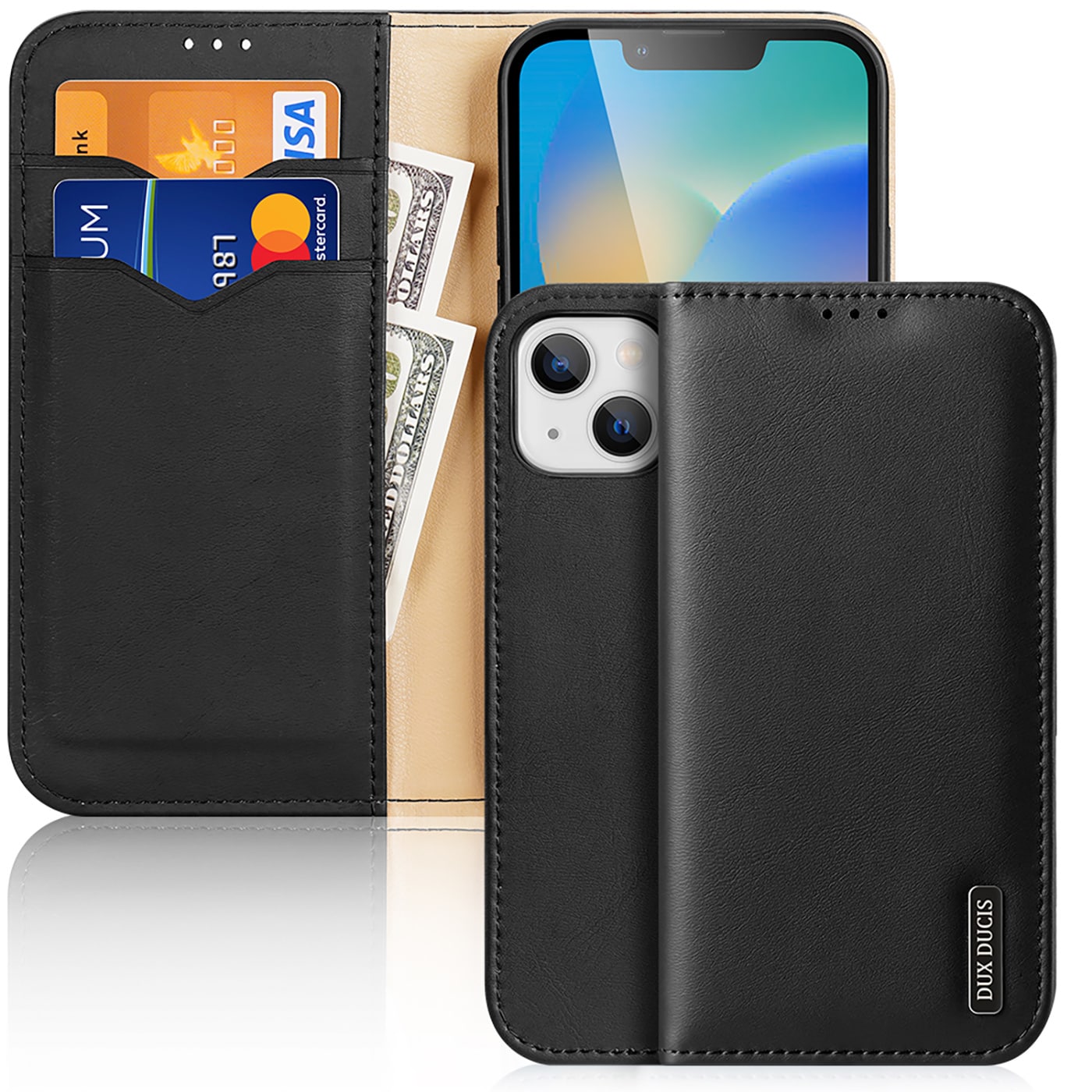 Dux Ducis Hivo Leather Flip Cover Genuine Leather Wallet for kort og dokumenter iPhone 14 Plus Black
