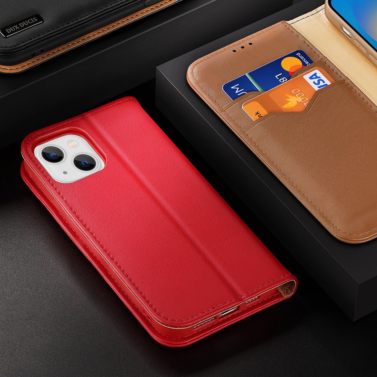 Dux Ducis Hivo Leather Flip Cover Genuine Leather Wallet for kort og dokumenter iPhone 14 Plus Black