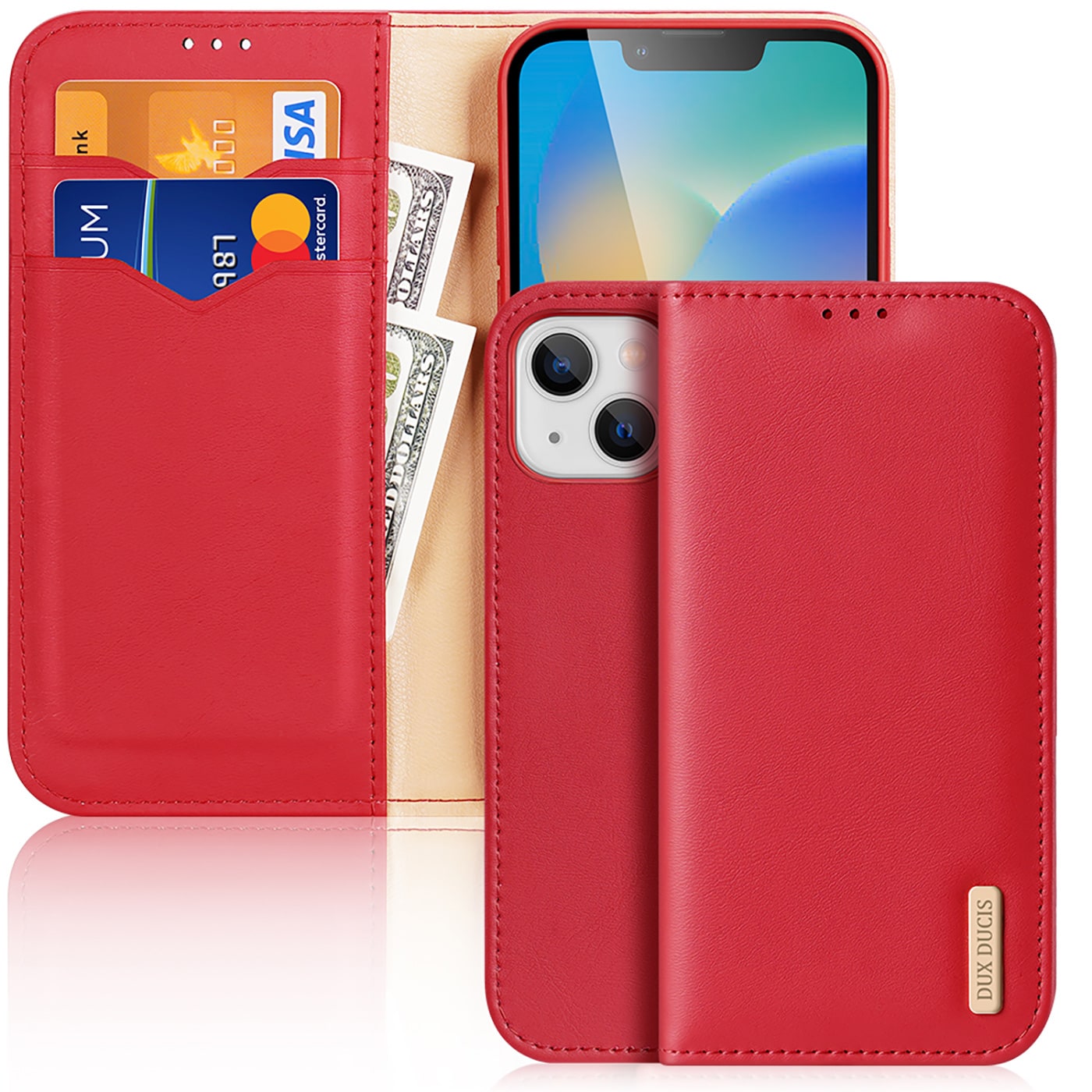 Dux Ducis Hivo Leather Flip Cover Genuine Leather Wallet for kort og dokumenter iPhone 14 Plus Red