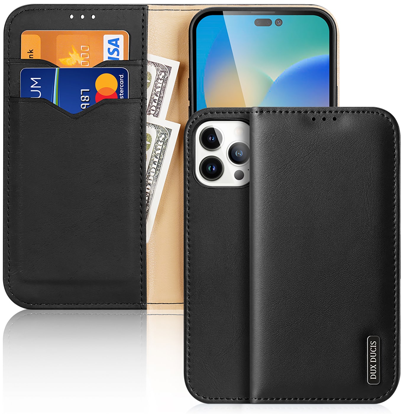 Dux Ducis Hivo Leather Flip Wallet for iPhone 14 Pro Max - Genuine Leather, Black