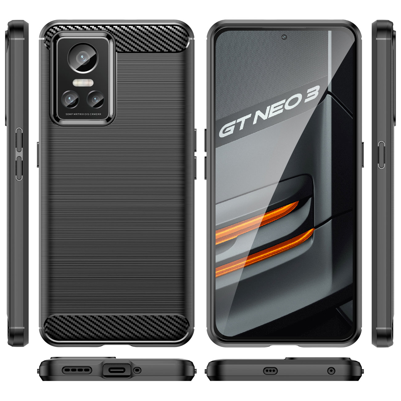 Carbon Case-etui for Realme GT Neo 3 fleksibelt karbondeksel i silikon svart