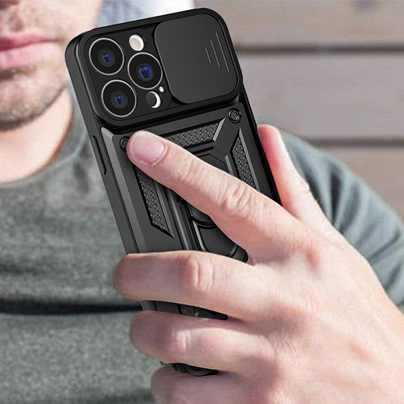 Hybrid Armor Camshield-etui for iPhone 14 Plus pansret etui med kameradeksel blå