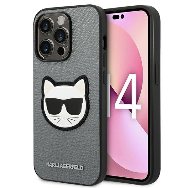 Karl Lagerfeld Saffiano Choupette Head Patch-etui for iPhone 14 Pro - sølv