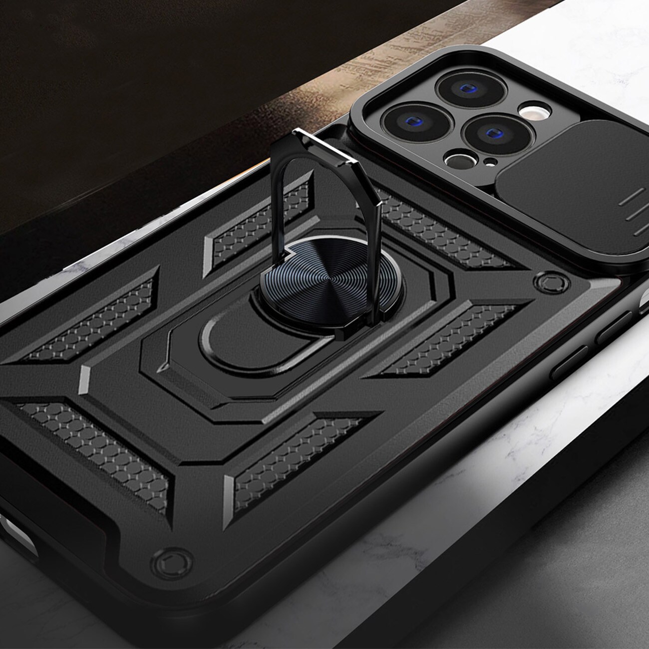 Hybrid Armor Camshield-etui for iPhone 13 Pro pansret etui med kameradeksel blå