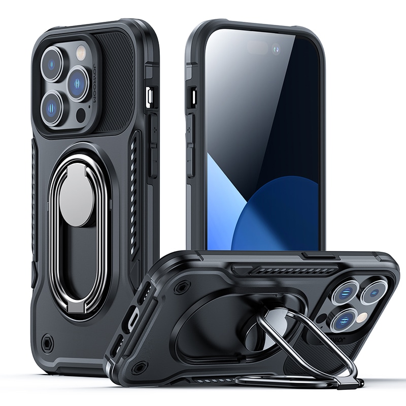Joyroom Dual Hinge-etui for iPhone 14 Pro pansret etui med stativ og en ringholder svart