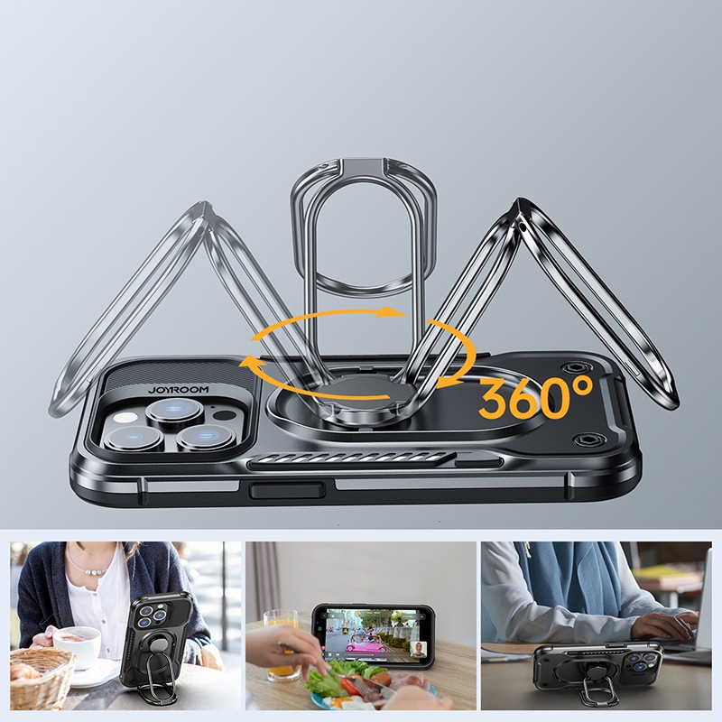 Joyroom Dual Hinge-etui for iPhone 14 Pro pansret etui med stativ og en ringholder svart
