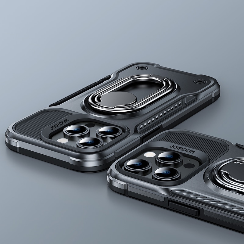 Joyroom Dual Hinge-etui for iPhone 14 Pro pansret etui med stativ og en ringholder svart