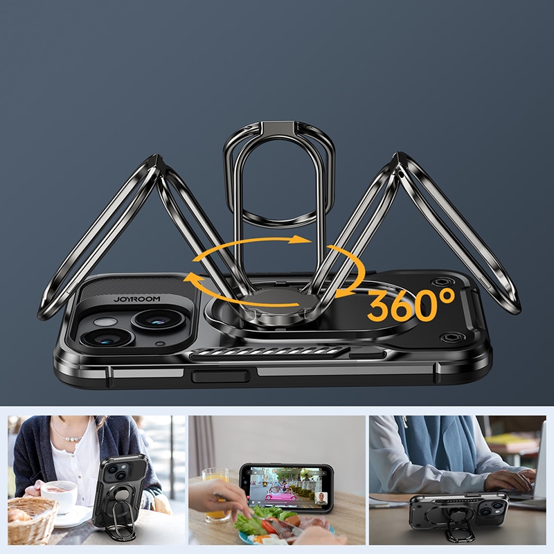 Joyroom Dual Hinge-etui for iPhone 14 Plus pansret etui med stativ og en ringholder svart