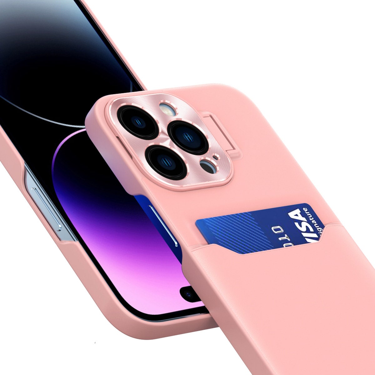 Lærstativveske for Samsung Galaxy S23+ kortlommebokdeksel med stativ rosa