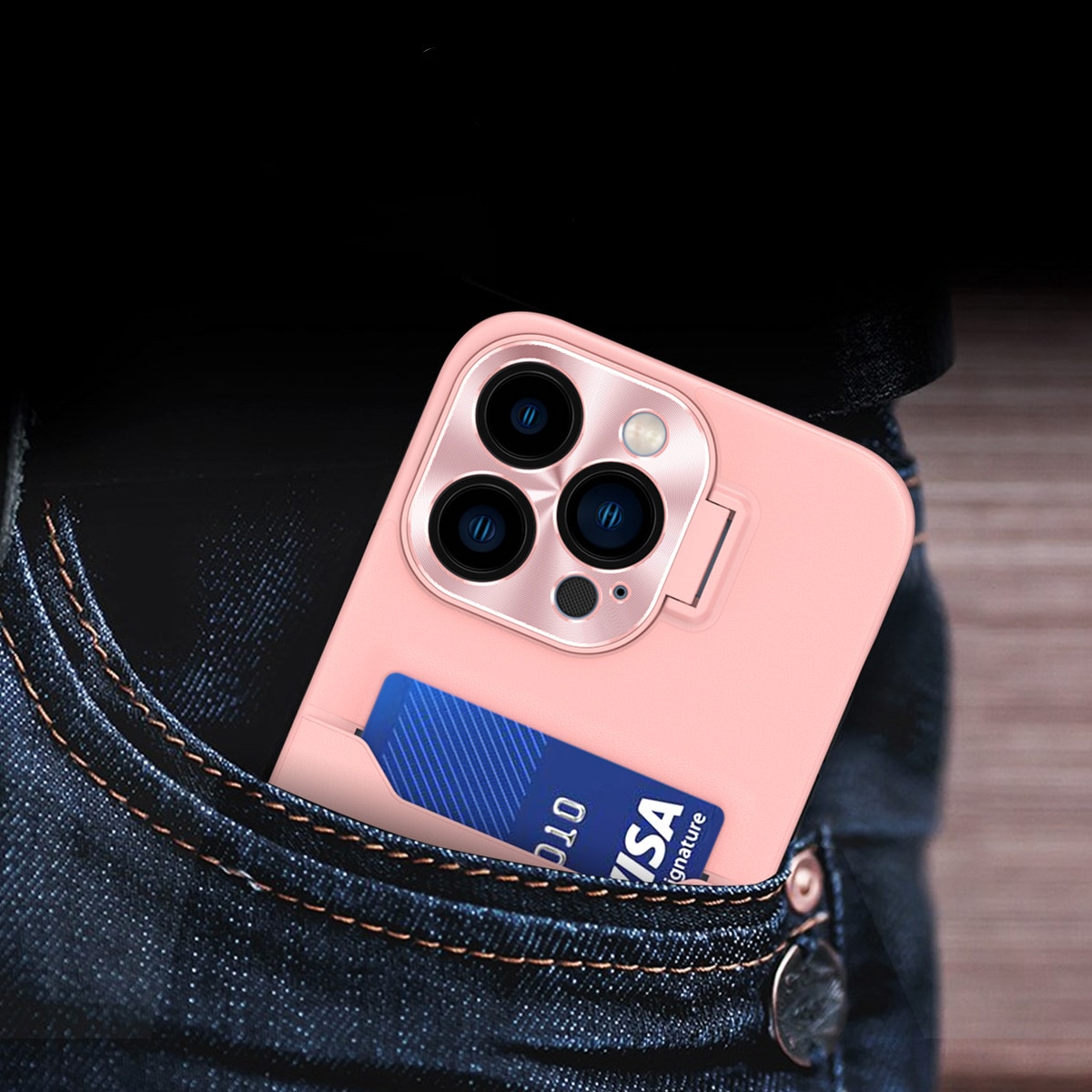 Stativveske i lær for iPhone 14 Plus Kortlommebokdeksel med stativ Rosa