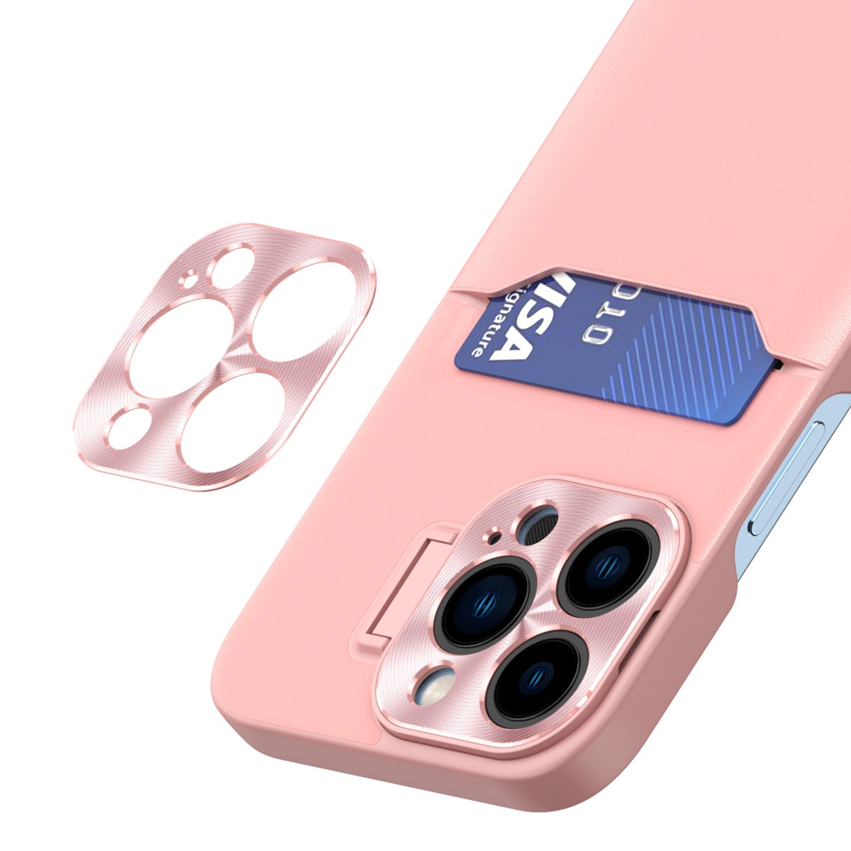 Stativveske i lær for iPhone 14 Plus Kortlommebokdeksel med stativ Rosa