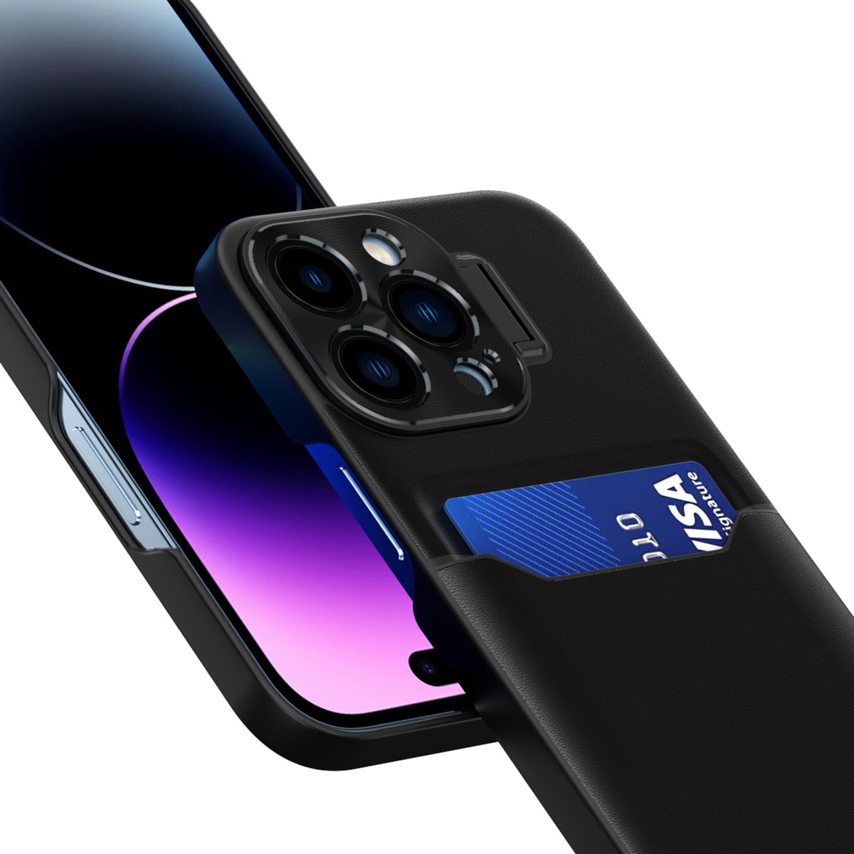 Lær Stativveske for iPhone 14 Plus deksel kort lommebok med stativ svart