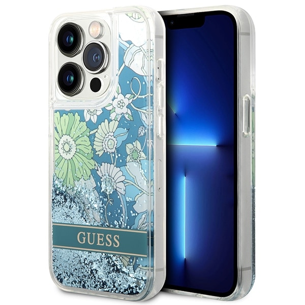 Guess Flower Liquid Glitter-etui for iPhone 14 Pro Max - grønn