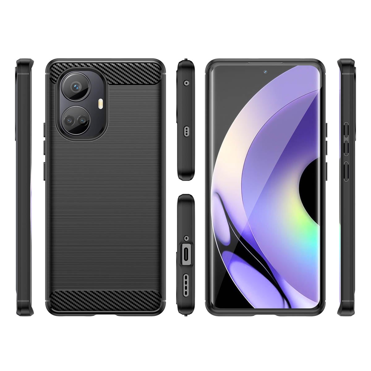 Carbon Case-etui for Realme 10 Pro+ fleksibelt karbondeksel i silikon, svart