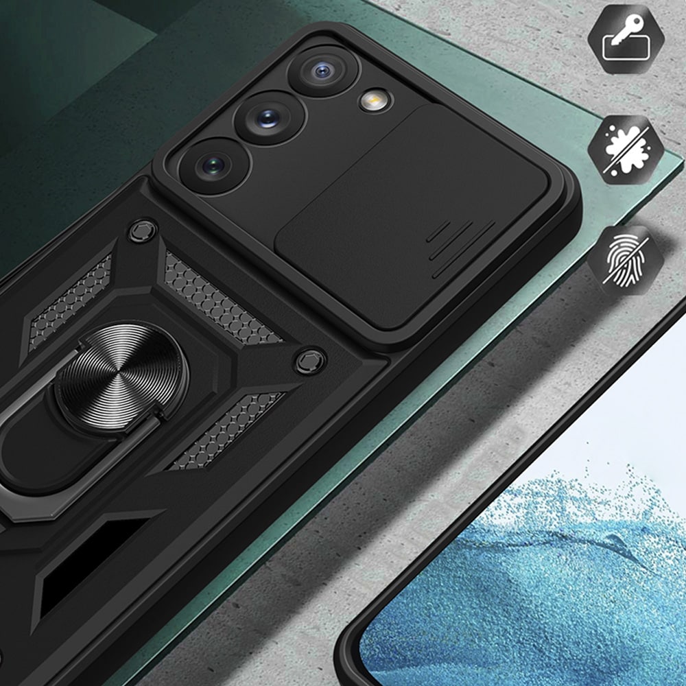 Hybrid Armor Camshield-etui for Samsung Galaxy S23+ pansredeksel med kameradeksel rødt
