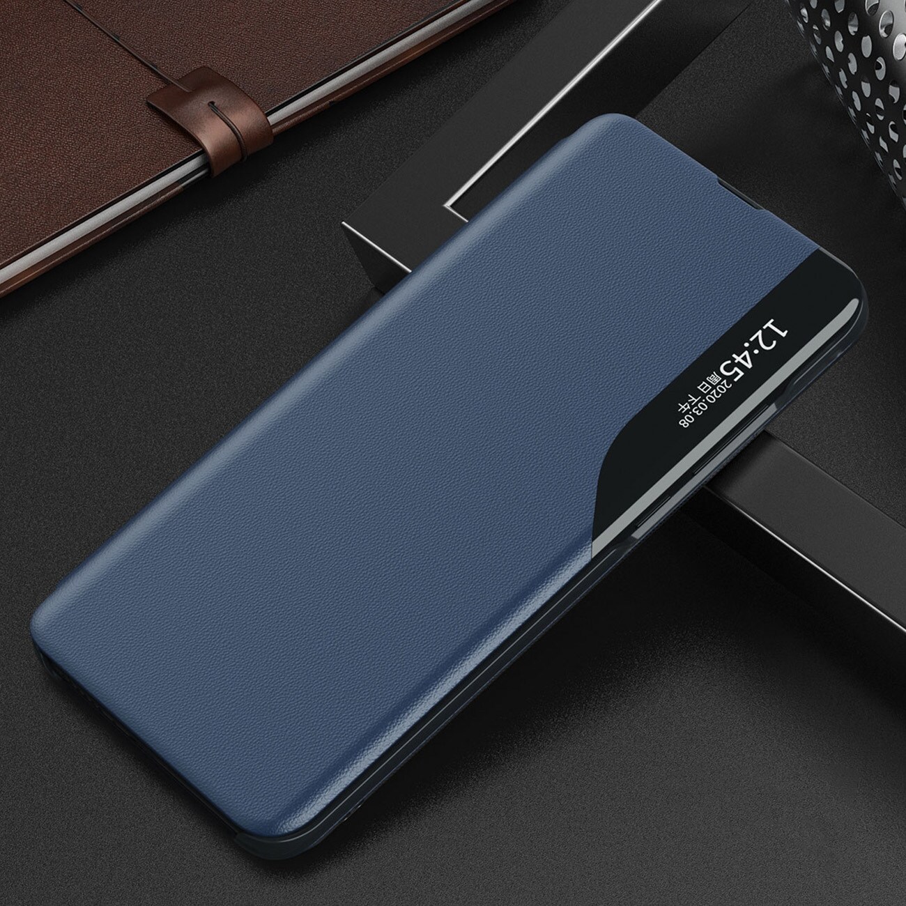 Eco Leather View Case-deksel for Samsung Galaxy A24 4G med flipstativ blå