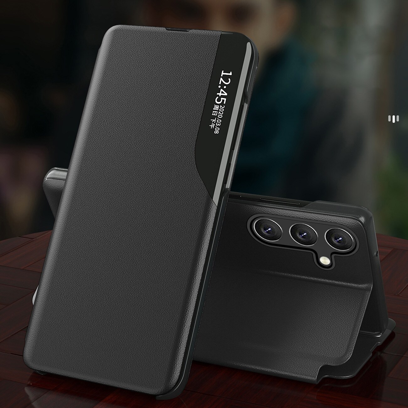 Eco Leather View Case-deksel for Samsung Galaxy A24 4G med flipstativ blå