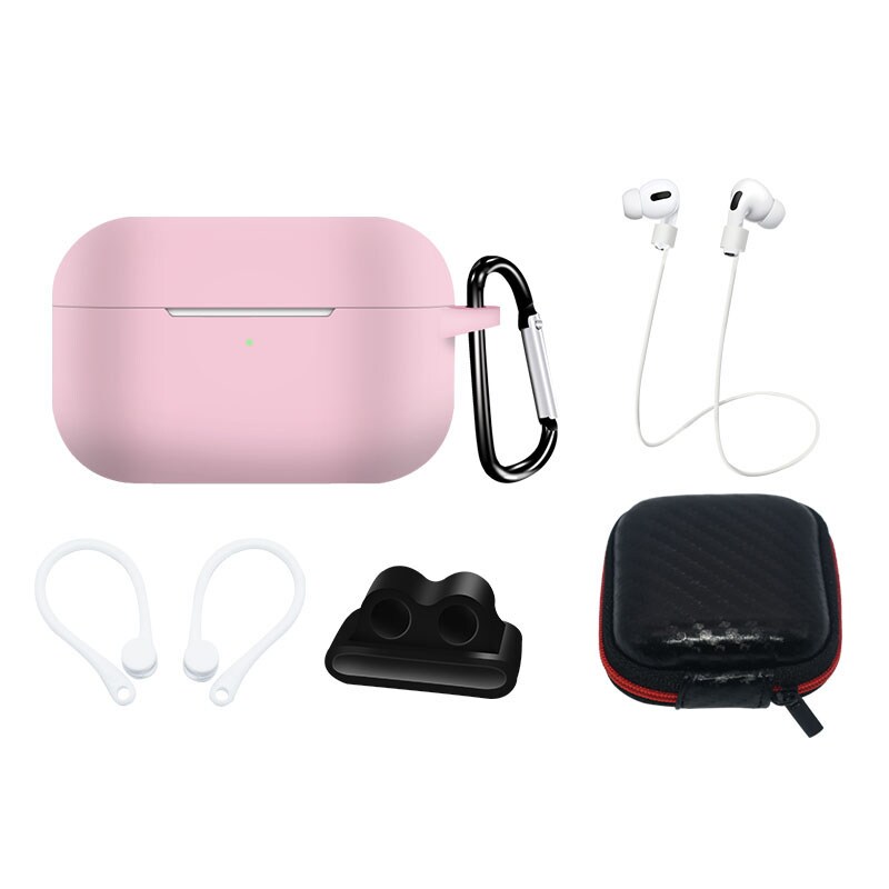 Silikonetui for AirPods Pro 2/1 + etui, ørekrok, nakkestropp, klokkeremholder, karabinkrok - rosa