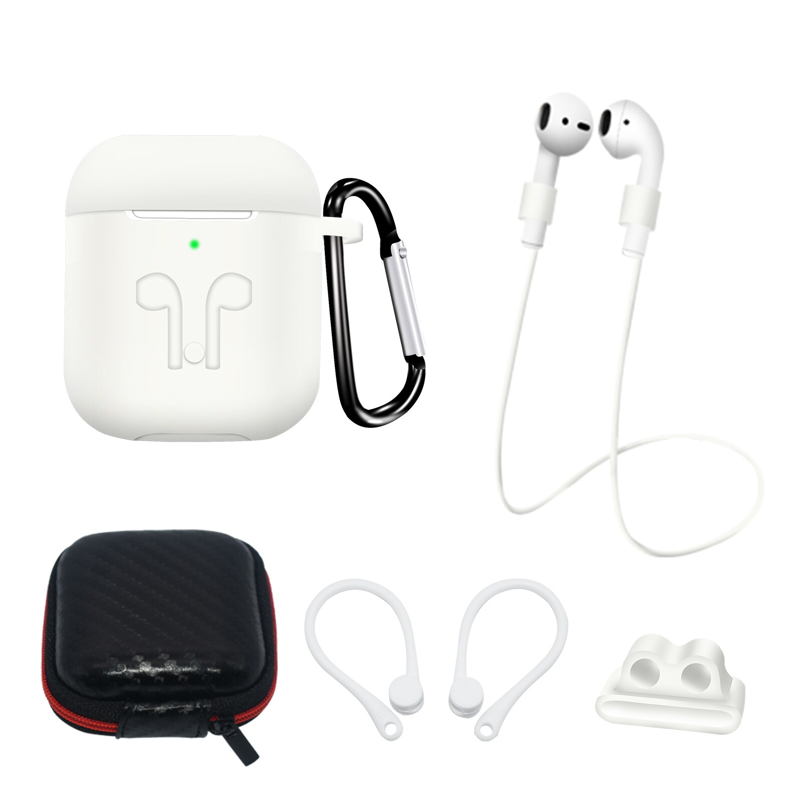 Silikonetui for AirPods 1/2 + etui/krok/stropp/klokkeremholder/karabinkrok - Hvit