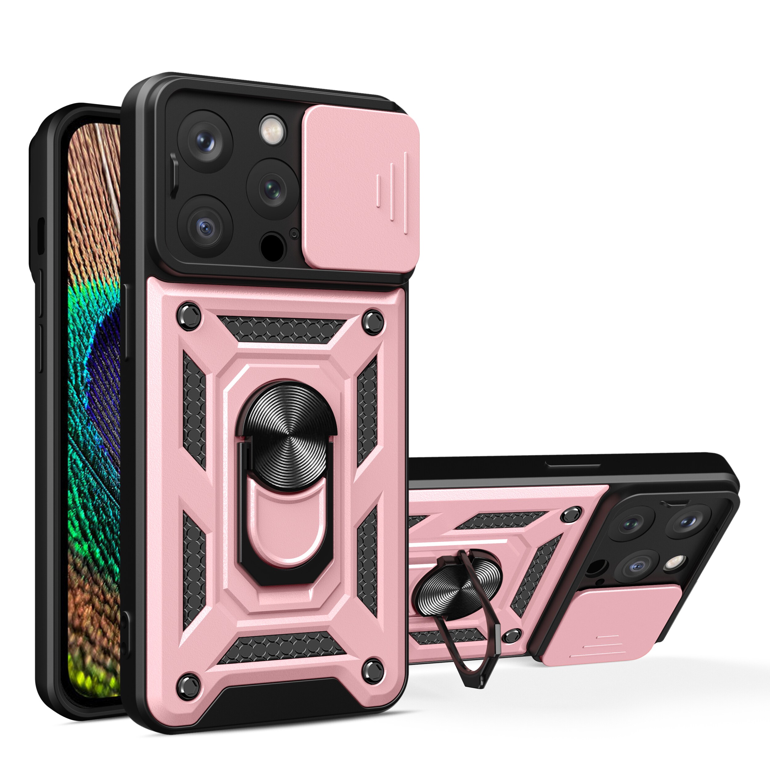 iPhone 15 Pro Max Hybrid Armor Camshield-etui med kickstand og kameradeksel - Rosa