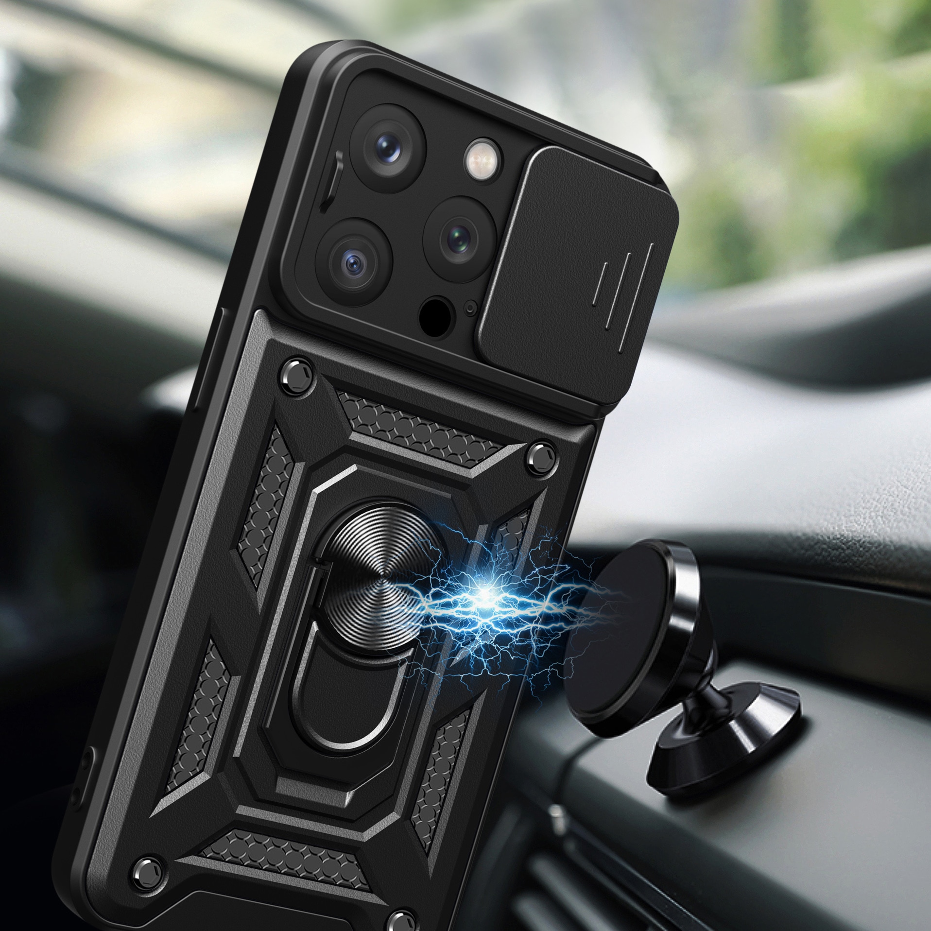 Hybrid Armor Camshield iPhone 15 Pro-etui med kickstand og kameradeksel - blå