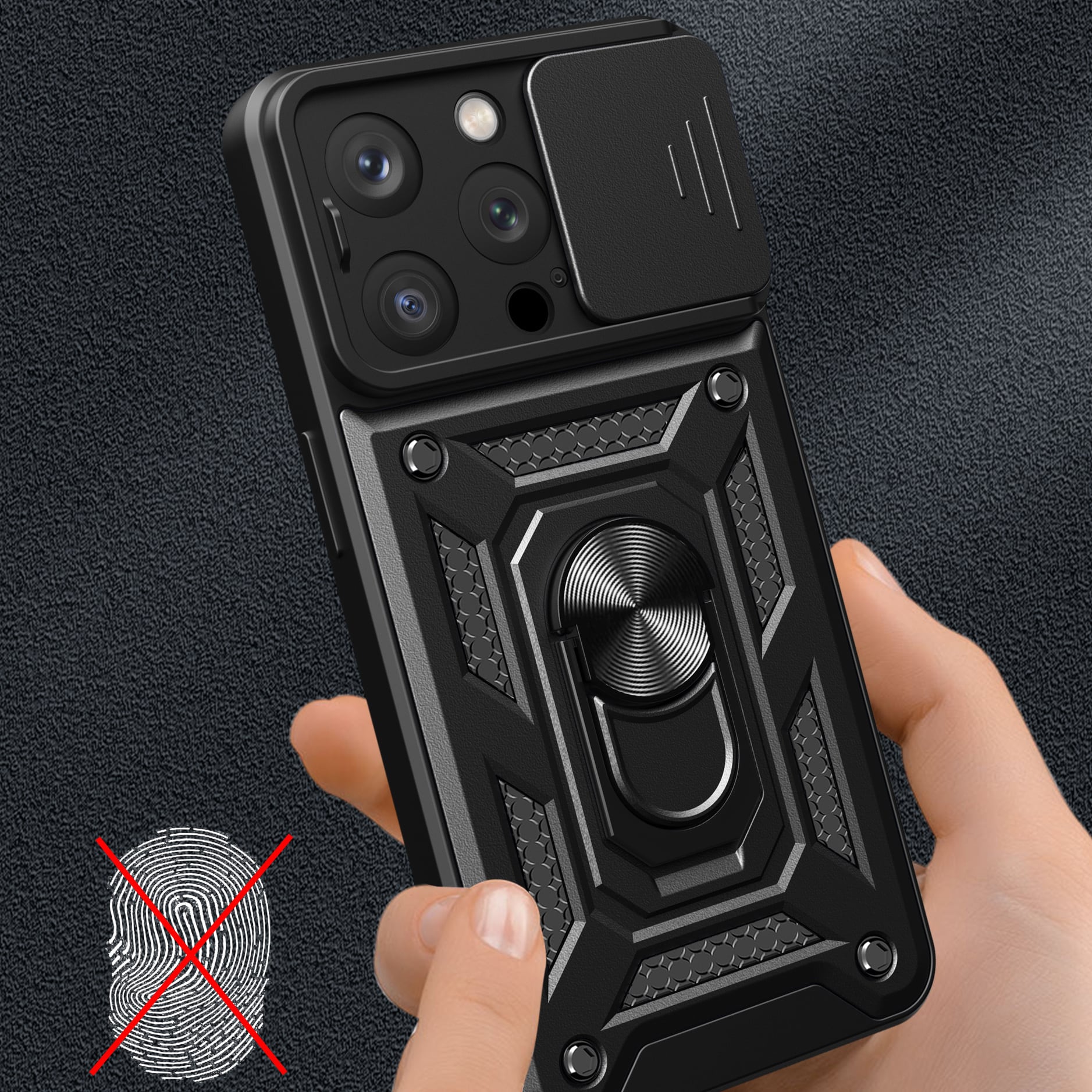 Hybrid Armor Camshield iPhone 15 Pro-etui med kickstand og kameradeksel - blå