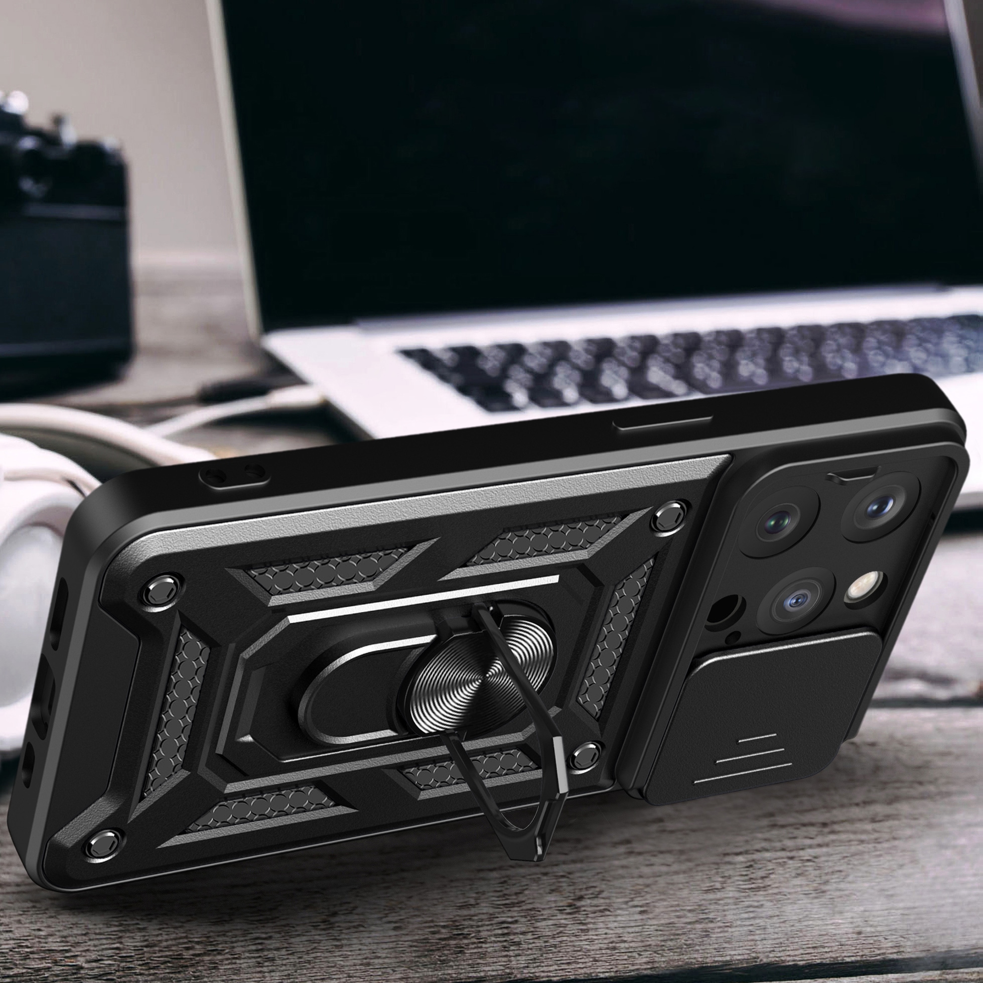 Hybrid Armor Camshield iPhone 15 Pro-etui med kickstand og kameradeksel - blå